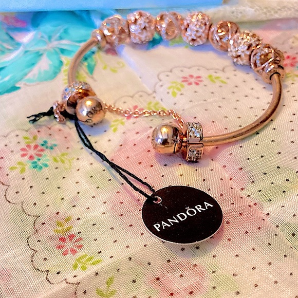 *AUTHENTIC PANDORA* 18krose gold over 925ss SIZE 3 Cuff bangle bracelet w/EXTRAS - Picture 5 of 15